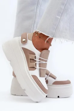 Zazoo 1833 Sneakersy Damskie Skórzane Na Masywnej Podeszwie Beżowo-Białe