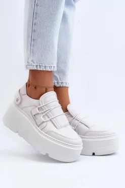 Zazoo 1833 Sneakersy Damskie Skórzane Na Masywnej Podeszwie Białe