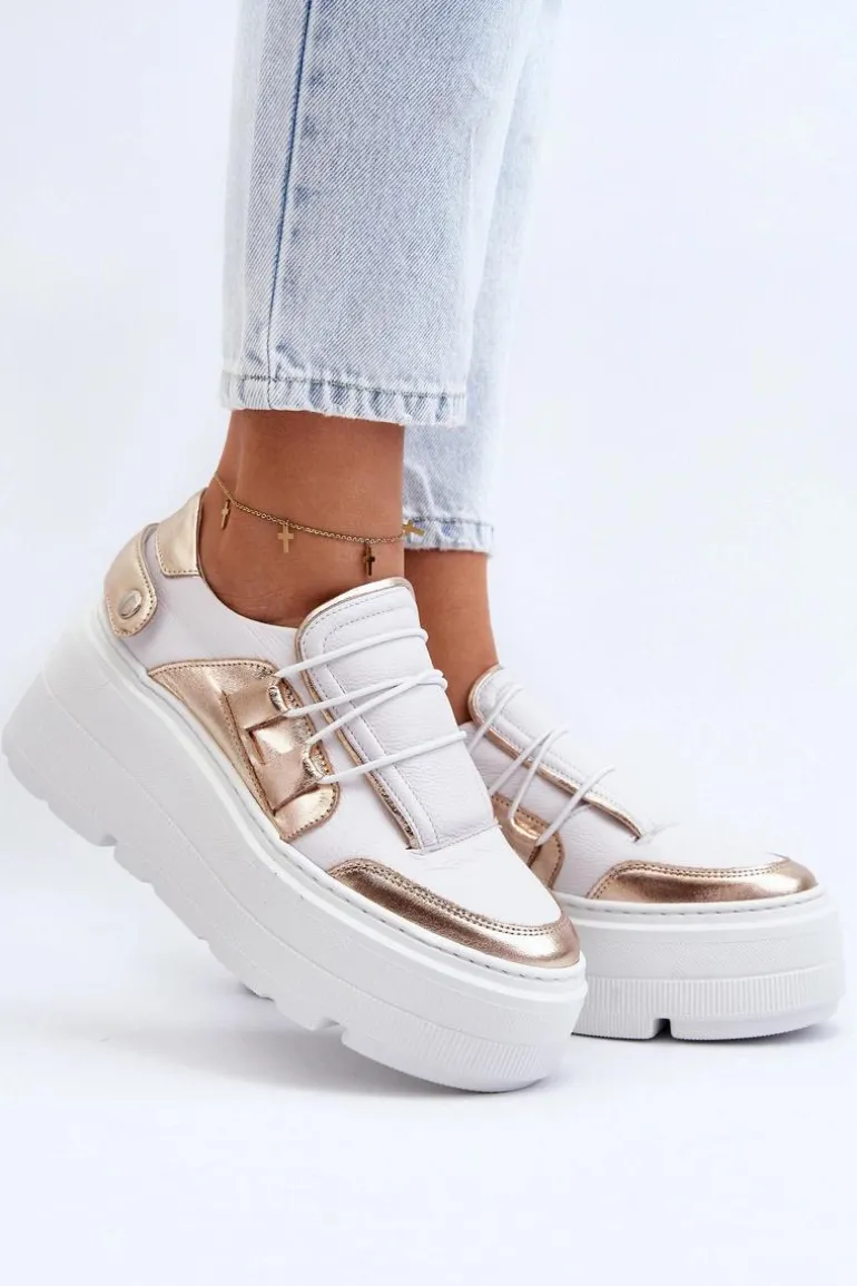 Zazoo 1833 Sneakersy Damskie Skórzane Na Masywnej Podeszwie Biało-Złote