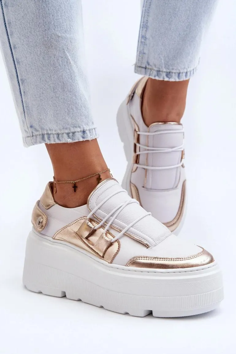 Zazoo 1833 Sneakersy Damskie Skórzane Na Masywnej Podeszwie Biało-Złote