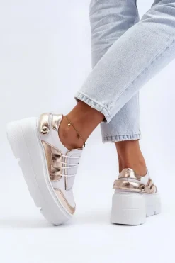 Zazoo 1833 Sneakersy Damskie Skórzane Na Masywnej Podeszwie Biało-Złote