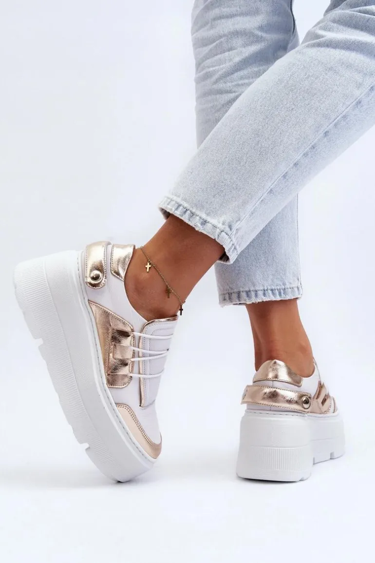 Zazoo 1833 Sneakersy Damskie Skórzane Na Masywnej Podeszwie Biało-Złote