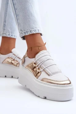 Zazoo 1833 Sneakersy Damskie Skórzane Na Masywnej Podeszwie Biało-Złote