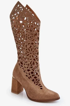 Zazoo 3234 Zamszowe Ażurowe Kozaki Ciemnobeżowe