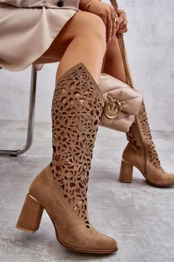 Zazoo 3234 Zamszowe Ażurowe Kozaki Ciemnobeżowe