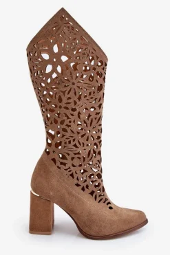 Zazoo 3234 Zamszowe Ażurowe Kozaki Ciemnobeżowe