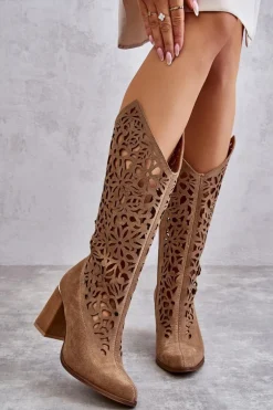 Zazoo 3234 Zamszowe Ażurowe Kozaki Ciemnobeżowe