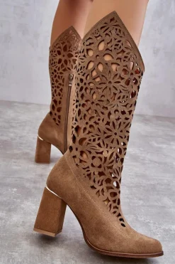 Zazoo 3234 Zamszowe Ażurowe Kozaki Ciemnobeżowe