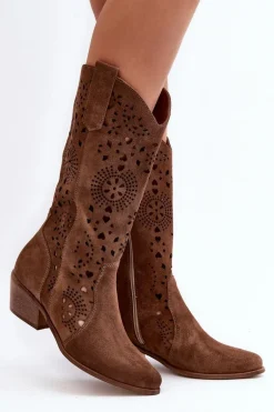 Zazoo 3396 Zamszowe Ażurowe Kozaki Do Połowy Łydki Brązowe