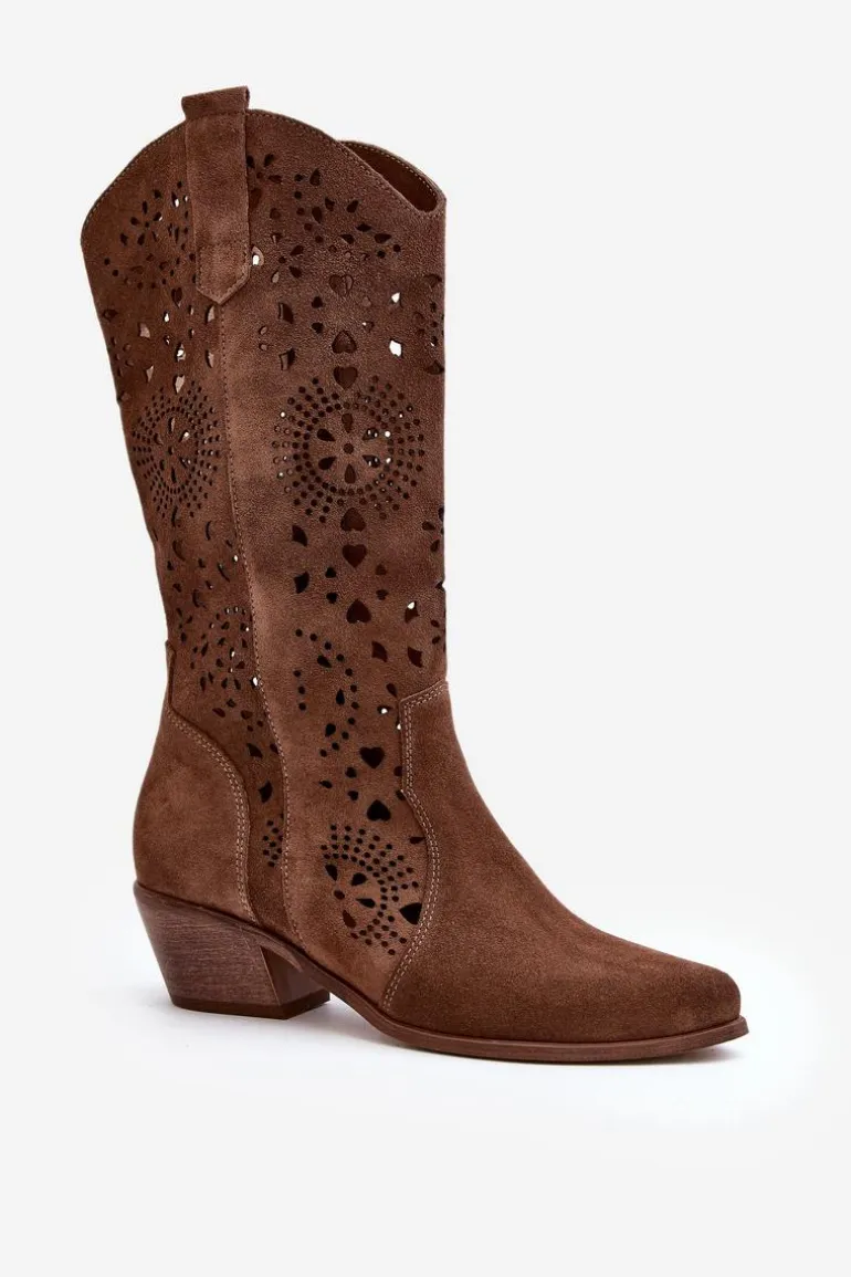 Zazoo 3396 Zamszowe Ażurowe Kozaki Do Połowy Łydki Brązowe