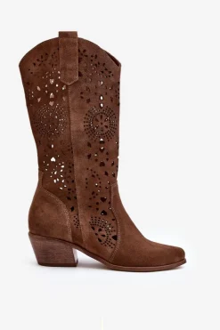 Zazoo 3396 Zamszowe Ażurowe Kozaki Do Połowy Łydki Brązowe