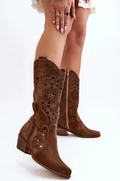 Zazoo 3396 Zamszowe Ażurowe Kozaki Do Połowy Łydki Brązowe