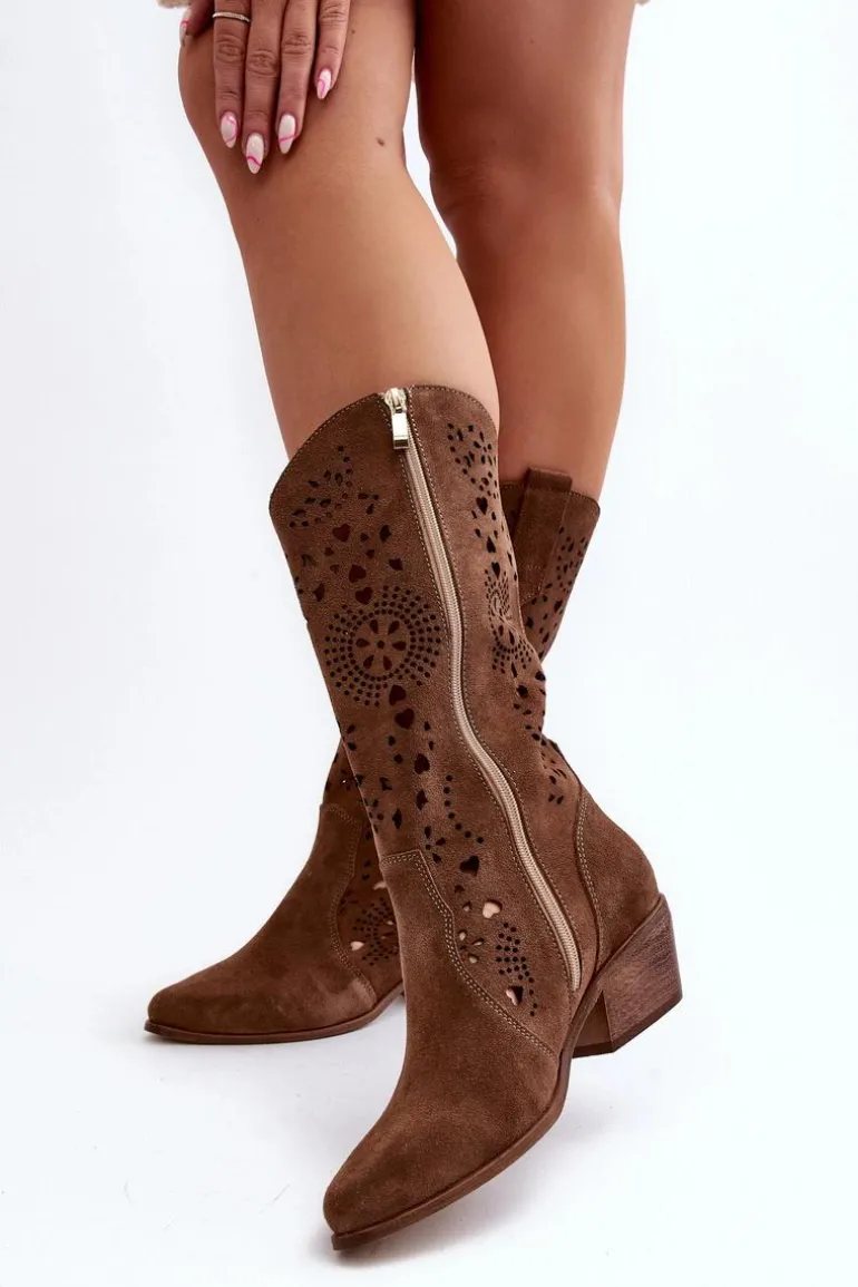 Zazoo 3396 Zamszowe Ażurowe Kozaki Do Połowy Łydki Brązowe