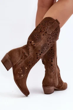 Zazoo 3396 Zamszowe Ażurowe Kozaki Do Połowy Łydki Brązowe