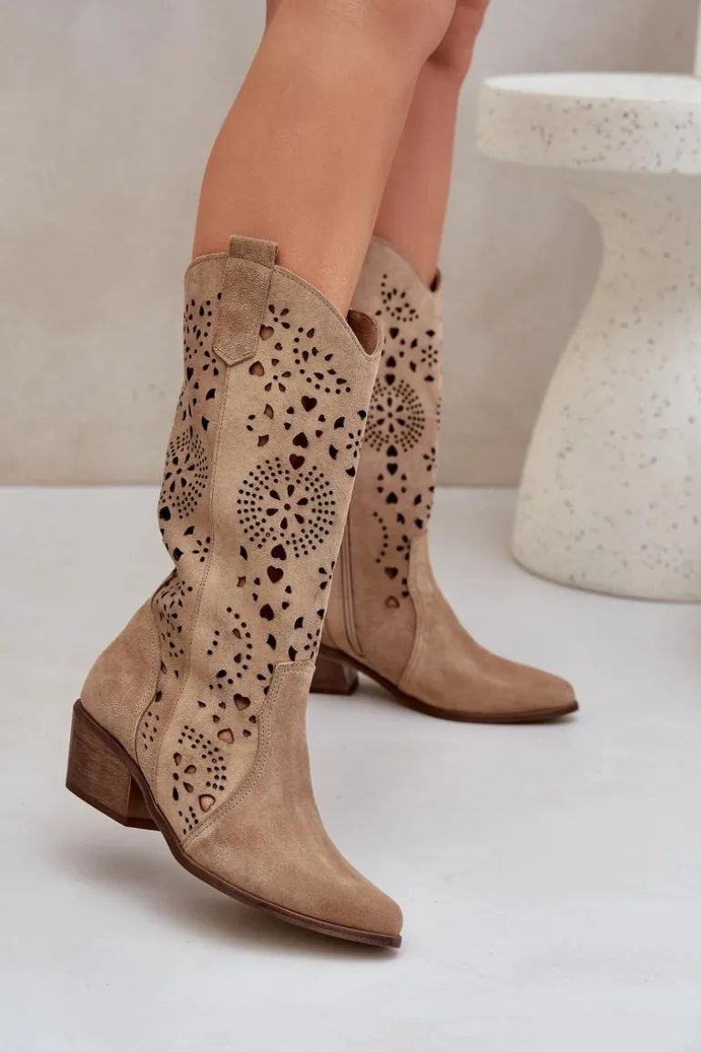 Zazoo 3396 Zamszowe Ażurowe Kozaki Do Połowy Łydki Beżowe