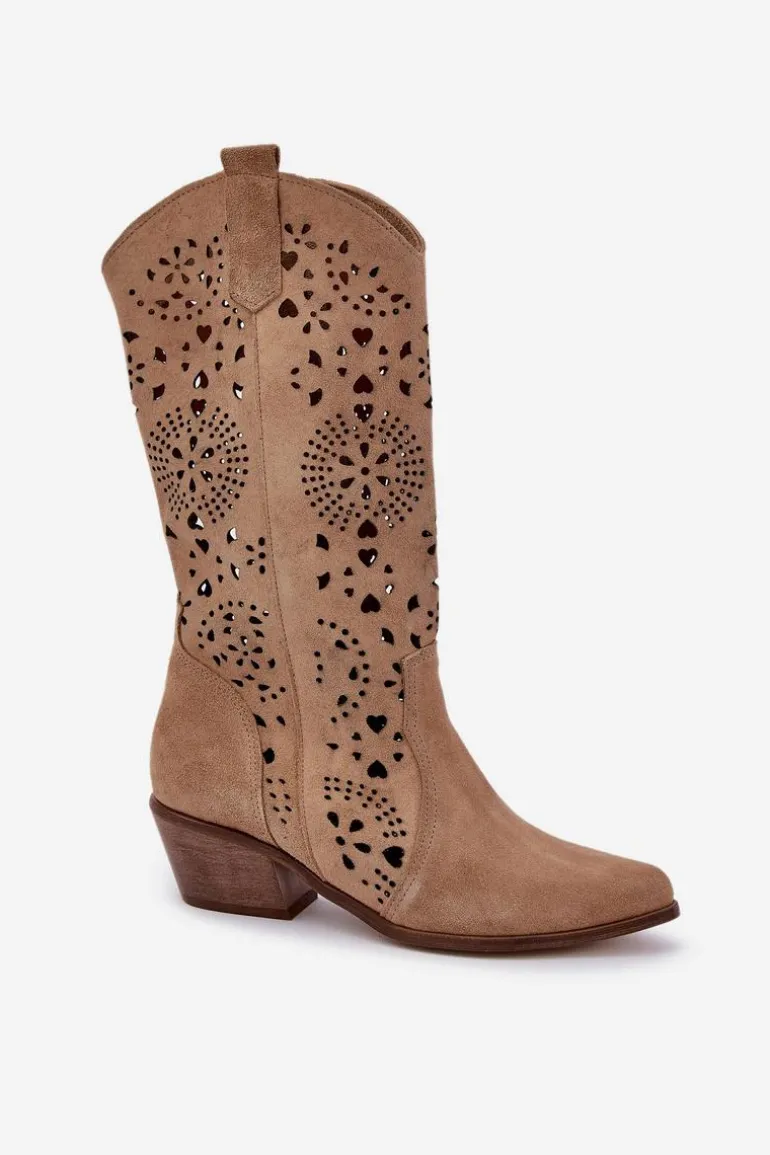 Zazoo 3396 Zamszowe Ażurowe Kozaki Do Połowy Łydki Beżowe