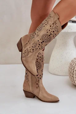 Zazoo 3396 Zamszowe Ażurowe Kozaki Do Połowy Łydki Beżowe