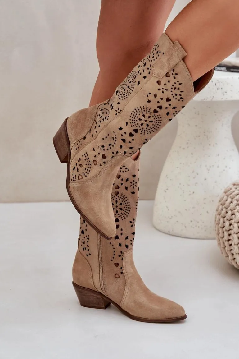 Zazoo 3396 Zamszowe Ażurowe Kozaki Do Połowy Łydki Beżowe
