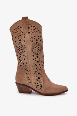 Zazoo 3396 Zamszowe Ażurowe Kozaki Do Połowy Łydki Beżowe