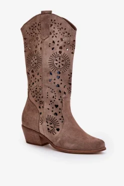 Zazoo 3396 Zamszowe Ażurowe Kozaki Do Połowy Łydki Ciemnobeżowe