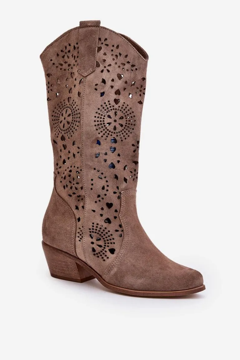 Zazoo 3396 Zamszowe Ażurowe Kozaki Do Połowy Łydki Ciemnobeżowe