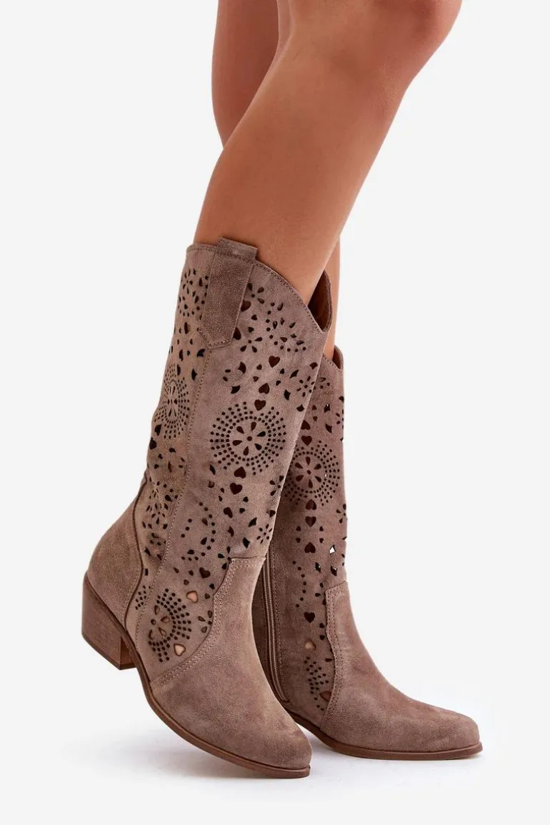 Zazoo 3396 Zamszowe Ażurowe Kozaki Do Połowy Łydki Ciemnobeżowe