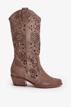 Zazoo 3396 Zamszowe Ażurowe Kozaki Do Połowy Łydki Ciemnobeżowe