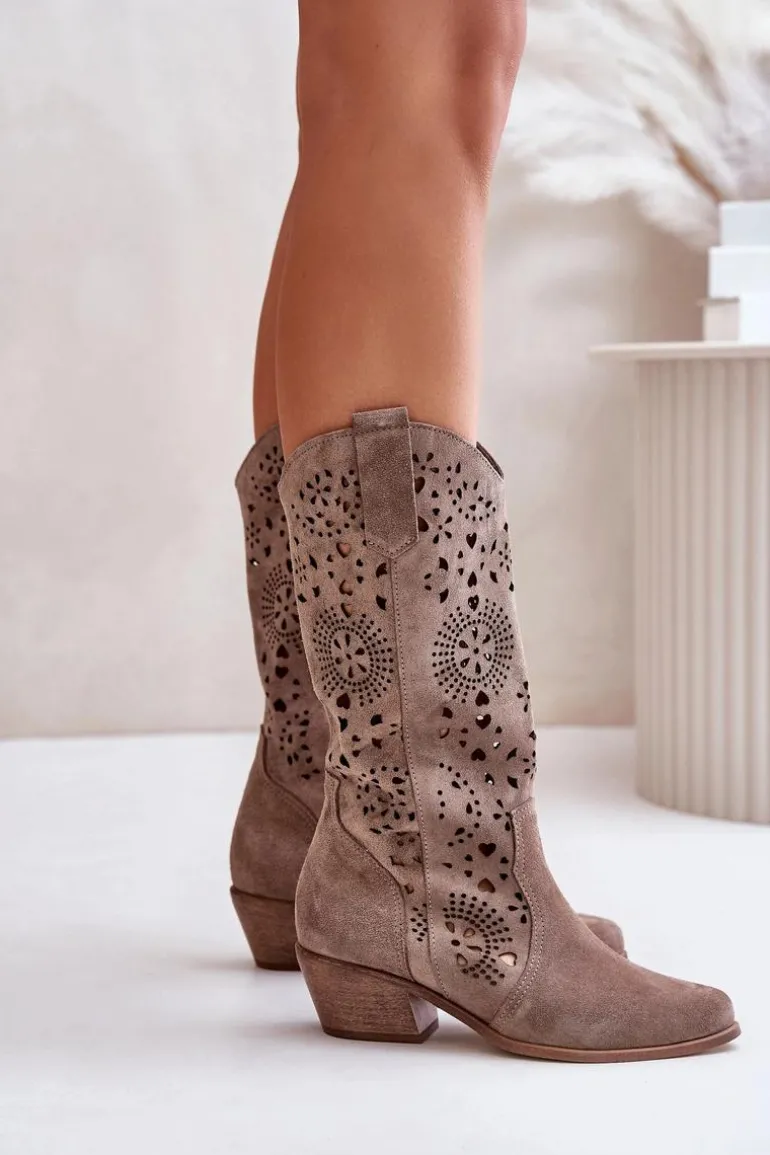 Zazoo 3396 Zamszowe Ażurowe Kozaki Do Połowy Łydki Ciemnobeżowe