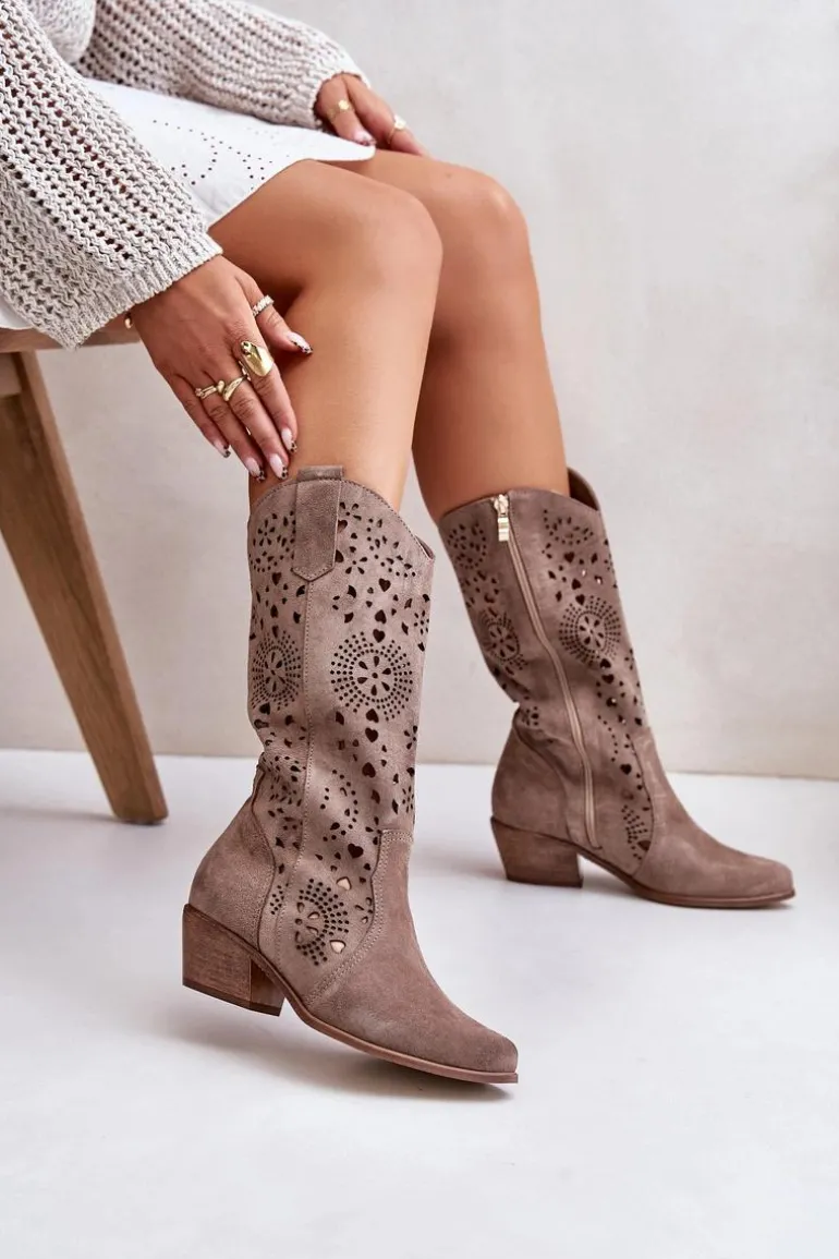 Zazoo 3396 Zamszowe Ażurowe Kozaki Do Połowy Łydki Ciemnobeżowe