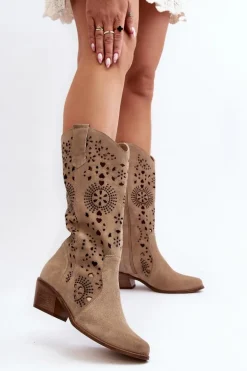 Zazoo 3396 Zamszowe Ażurowe Kozaki Do Połowy Łydki Jasnobeżowe