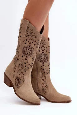Zazoo 3396 Zamszowe Ażurowe Kozaki Do Połowy Łydki Jasnobeżowe