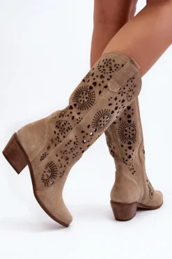 Zazoo 3396 Zamszowe Ażurowe Kozaki Do Połowy Łydki Jasnobeżowe
