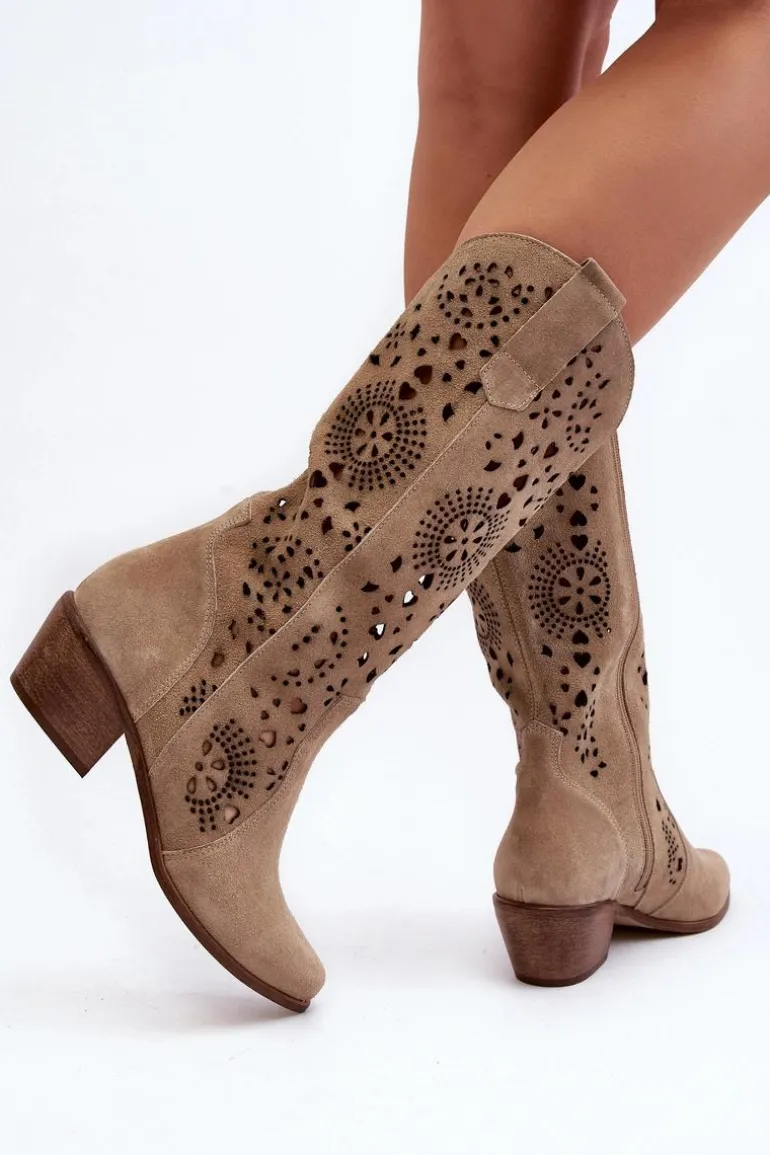 Zazoo 3396 Zamszowe Ażurowe Kozaki Do Połowy Łydki Jasnobeżowe