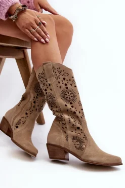 Zazoo 3396 Zamszowe Ażurowe Kozaki Do Połowy Łydki Jasnobeżowe