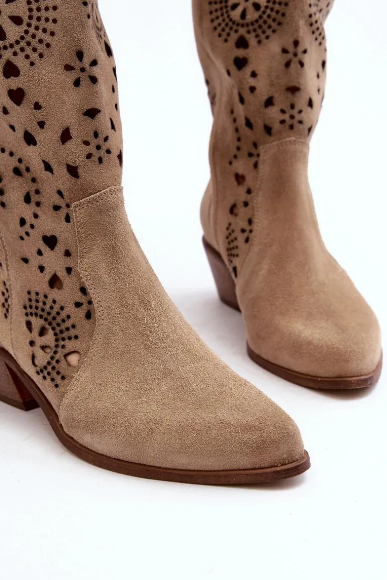 Zazoo 3396 Zamszowe Ażurowe Kozaki Do Połowy Łydki Jasnobeżowe