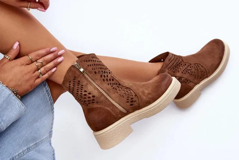 Zazoo 3470 Zamszowe Botki Damskie Na Płaskim Obcasie Ażurowe Brązowe