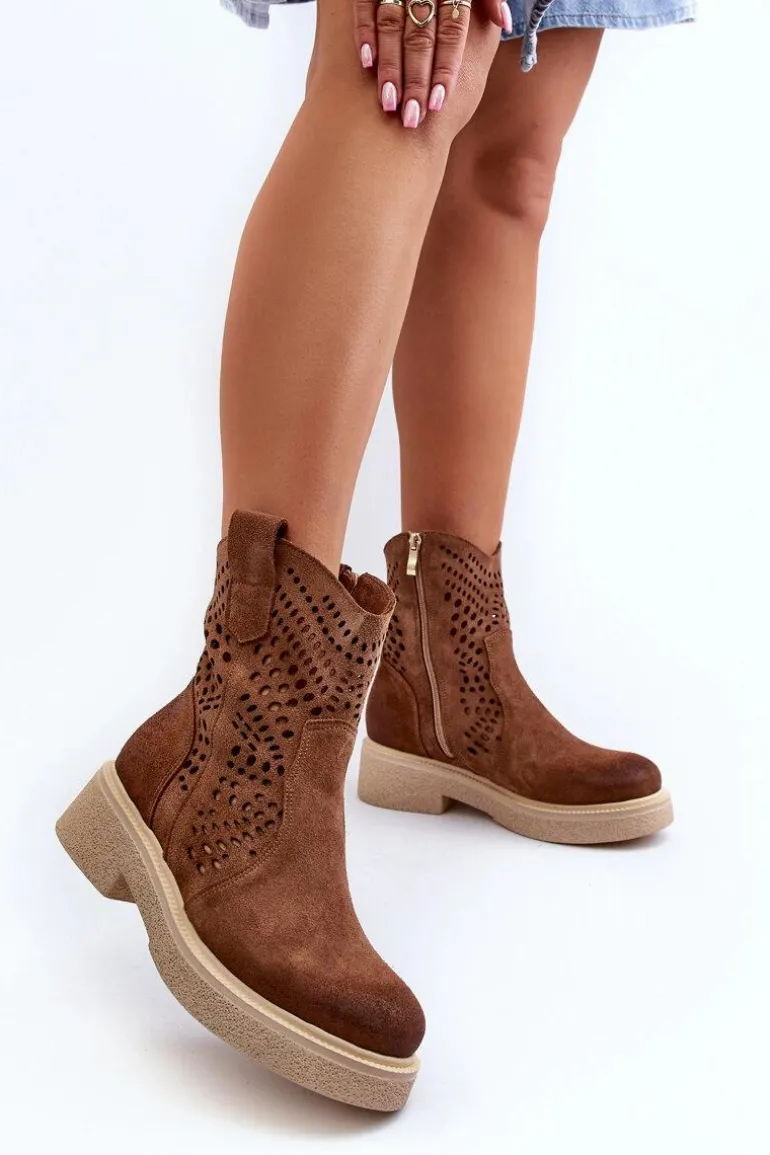 Zazoo 3470 Zamszowe Botki Damskie Na Płaskim Obcasie Ażurowe Brązowe