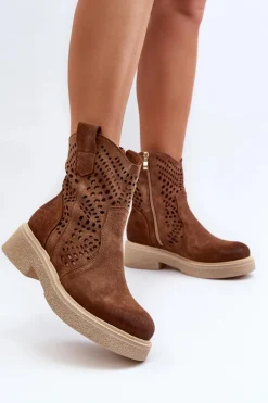 Zazoo 3470 Zamszowe Botki Damskie Na Płaskim Obcasie Ażurowe Brązowe