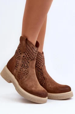 Zazoo 3470 Zamszowe Botki Damskie Na Płaskim Obcasie Ażurowe Brązowe