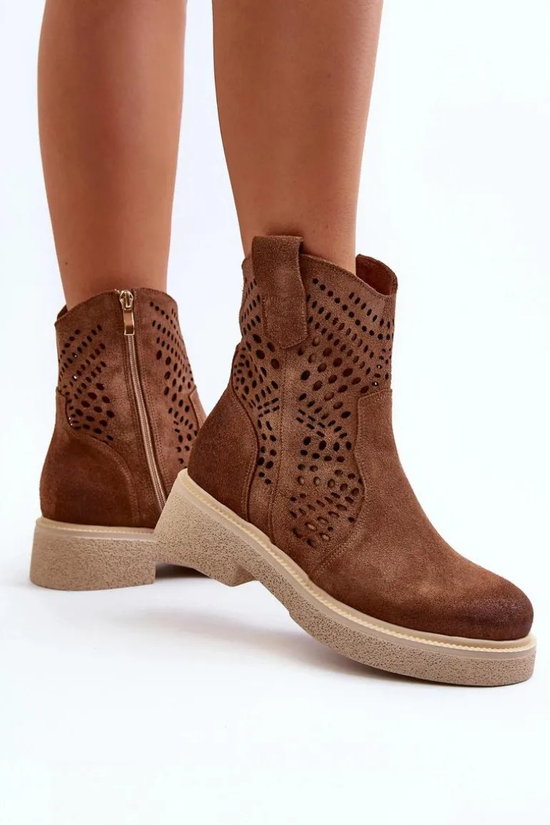 Zazoo 3470 Zamszowe Botki Damskie Na Płaskim Obcasie Ażurowe Brązowe