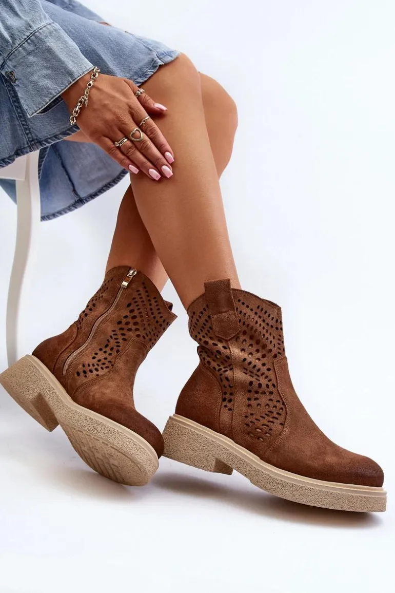 Zazoo 3470 Zamszowe Botki Damskie Na Płaskim Obcasie Ażurowe Brązowe
