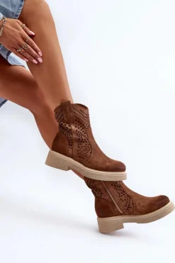 Zazoo 3470 Zamszowe Botki Damskie Na Płaskim Obcasie Ażurowe Brązowe