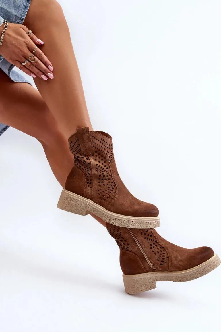 Zazoo 3470 Zamszowe Botki Damskie Na Płaskim Obcasie Ażurowe Brązowe