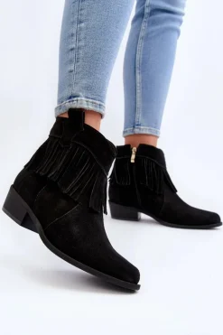 Zazoo 3430 Zamszowe Botki Damskie Z Frędzlami Czarne
