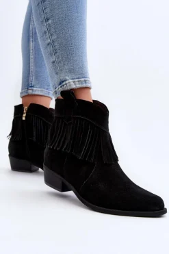 Zazoo 3430 Zamszowe Botki Damskie Z Frędzlami Czarne