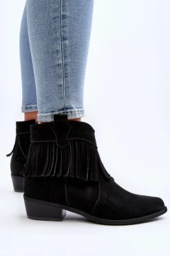 Zazoo 3430 Zamszowe Botki Damskie Z Frędzlami Czarne