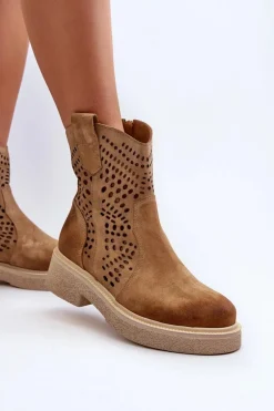 Zazoo 3470 Zamszowe Botki Damskie Na Płaskim Obcasie Ażurowe Beżowe