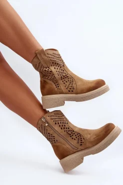 Zazoo 3470 Zamszowe Botki Damskie Na Płaskim Obcasie Ażurowe Beżowe