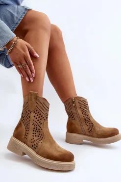 Zazoo 3470 Zamszowe Botki Damskie Na Płaskim Obcasie Ażurowe Beżowe