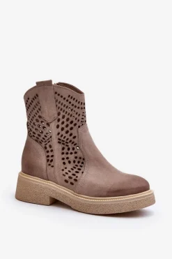 Zazoo 3470 Zamszowe Botki Damskie Na Płaskim Obcasie Ażurowe Cappuccino